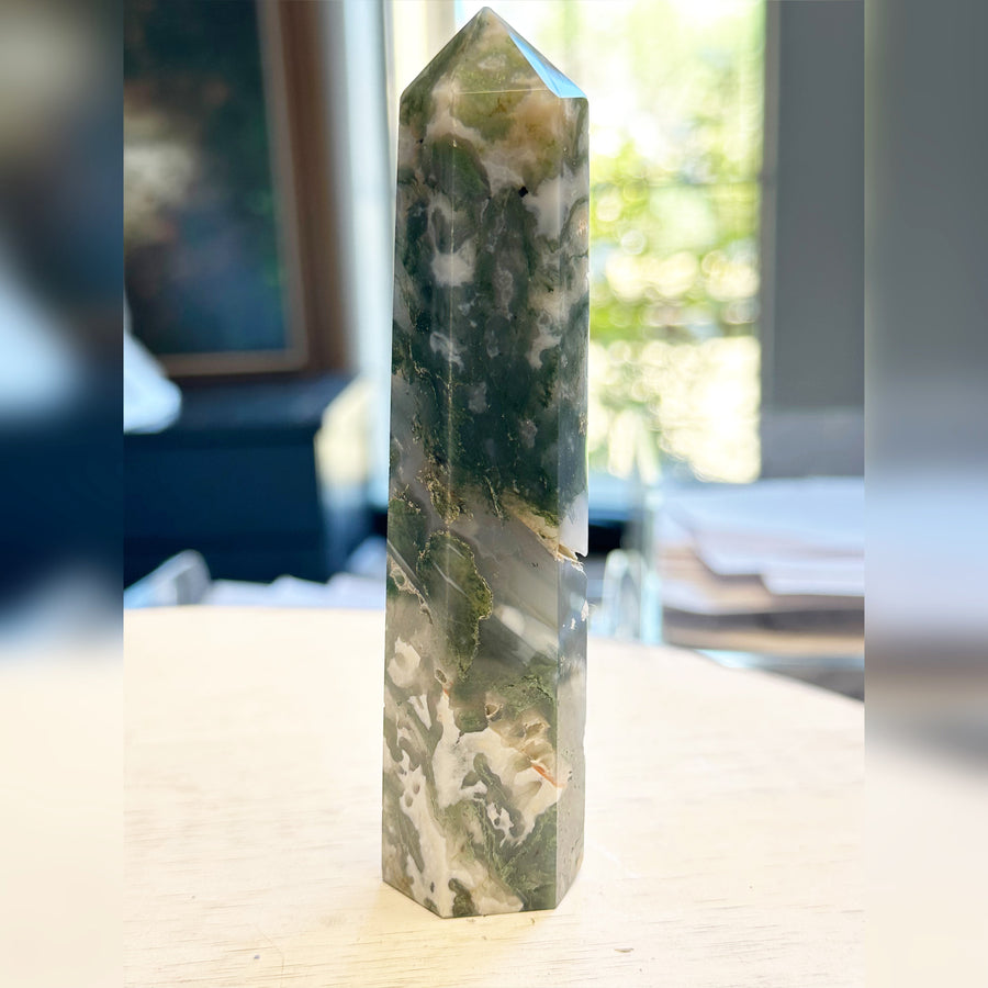 Green Moss Agate Crystal Generator Tower