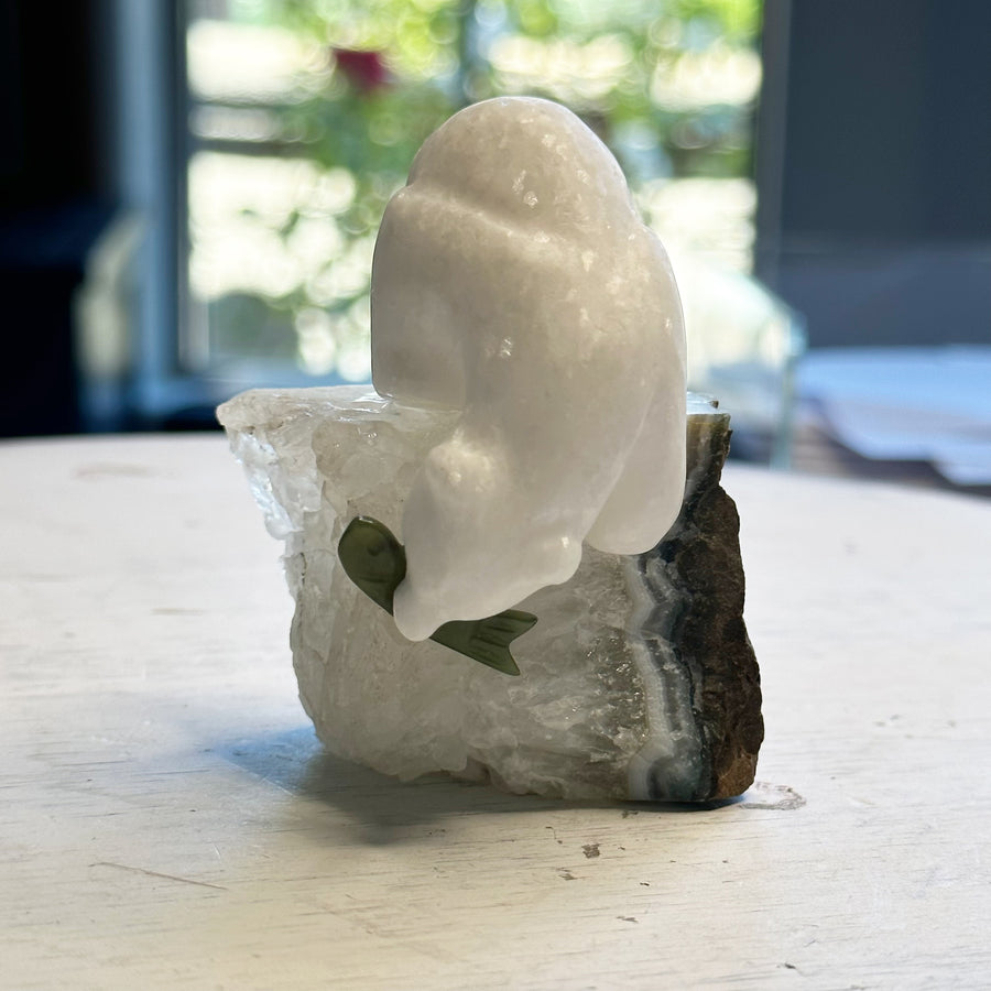 Star Marble Bear on Geode Stand with Fish