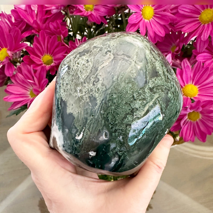 Green Moss Agate Crystal Skull