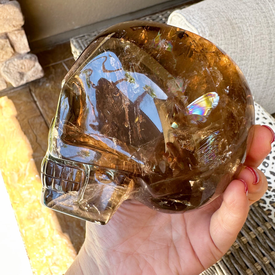 Smokey Lemurian Crystal Skull with Rainbows Carved by Leandro de Souza