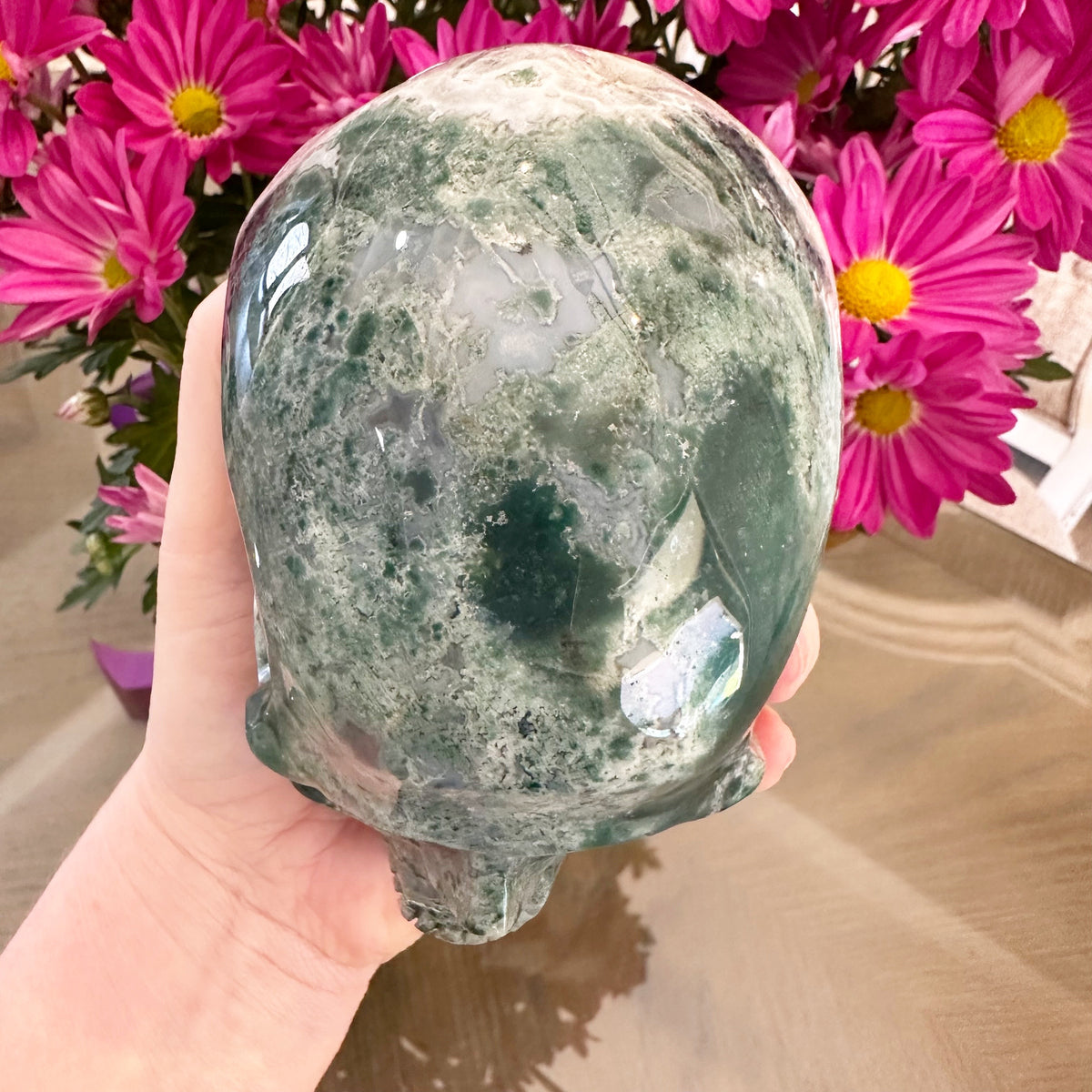Green Moss Agate Crystal Skull