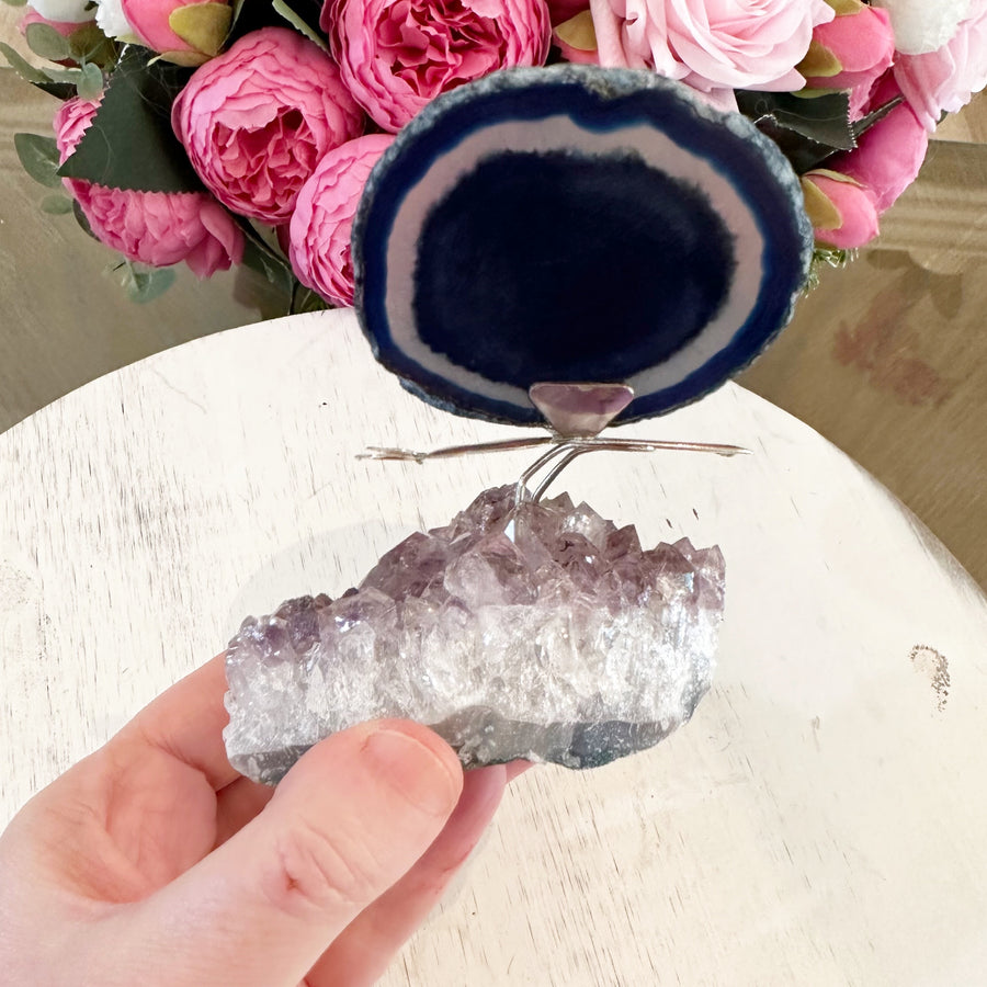 Blue Agate Butterfly on Amethyst Stand