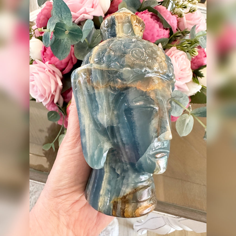 Lemurian Aquatine Crystal Buddha Head
