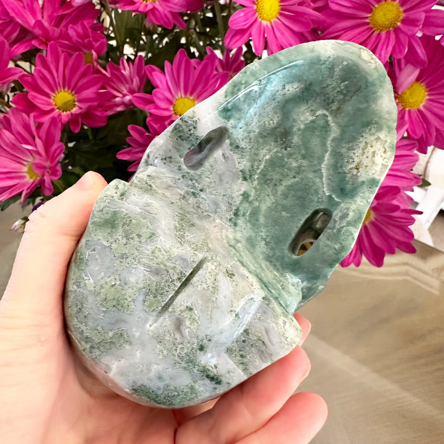 Green Moss Agate Crystal Skull