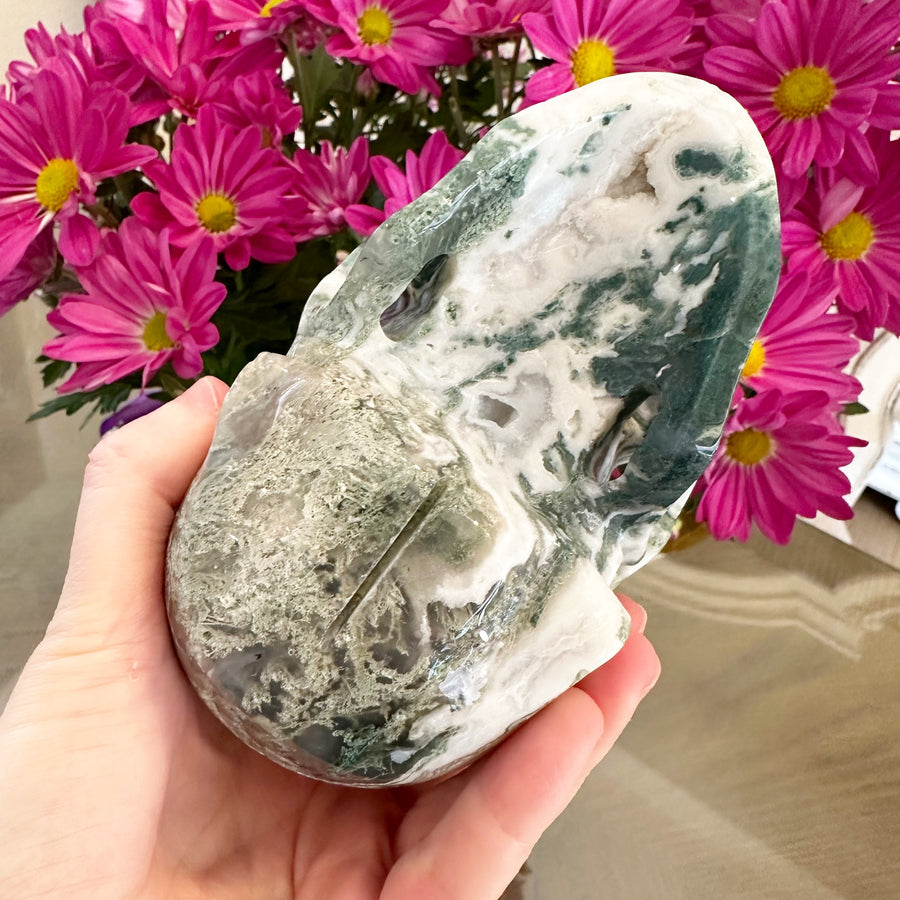 Green Moss Agate Crystal Skull