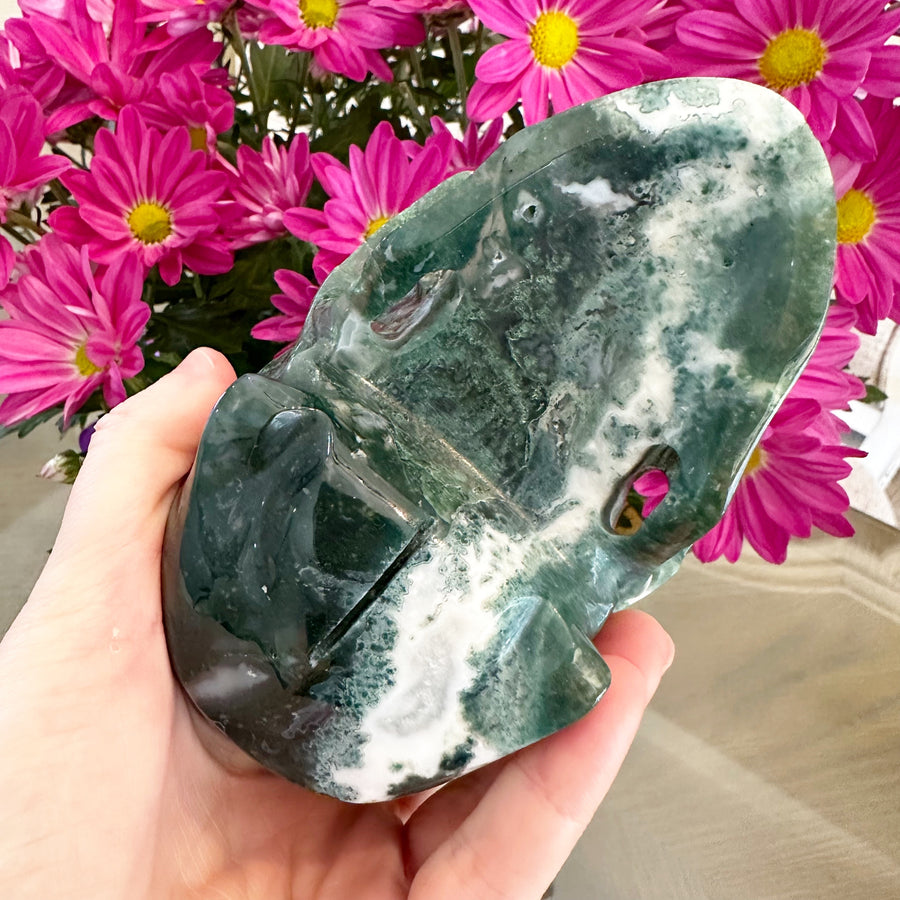 Green Moss Agate Crystal Skull