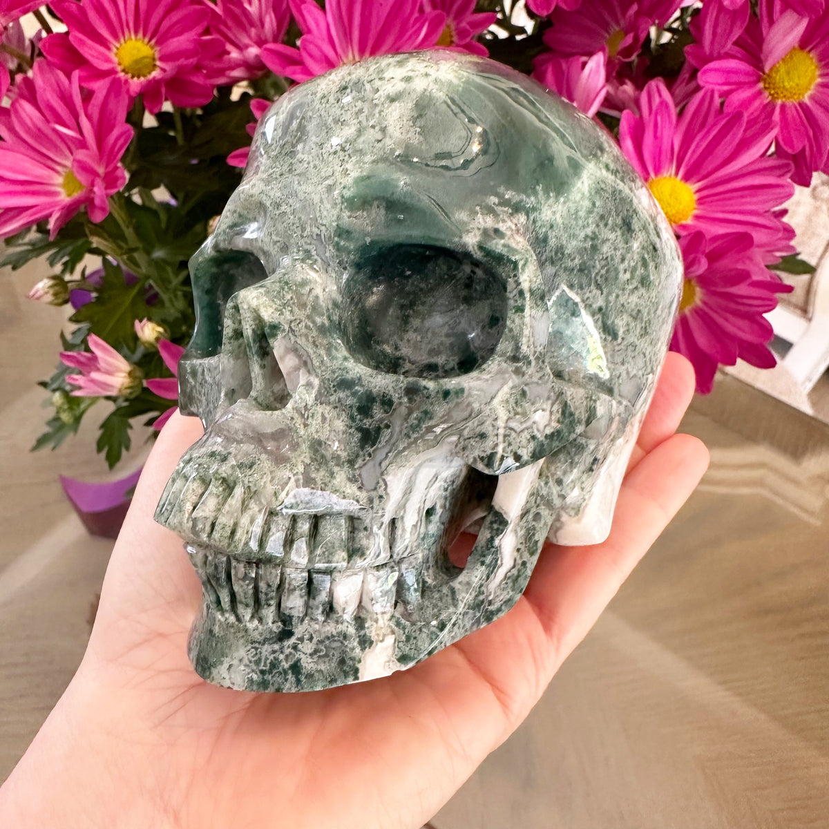 Green Moss Agate Crystal Skull