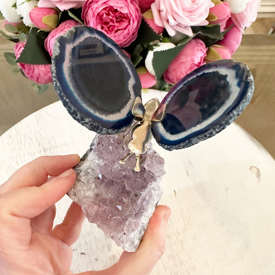 Blue Agate Butterfly on Amethyst Stand