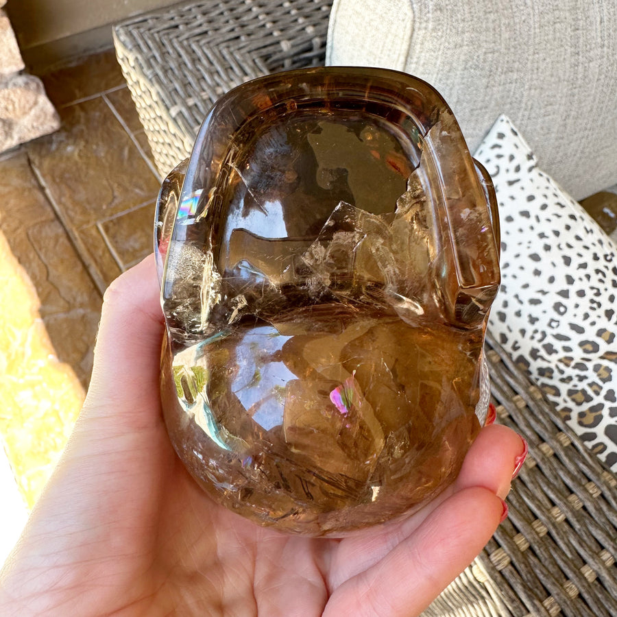 Smokey Lemurian Crystal Skull with Rainbows Carved by Leandro de Souza