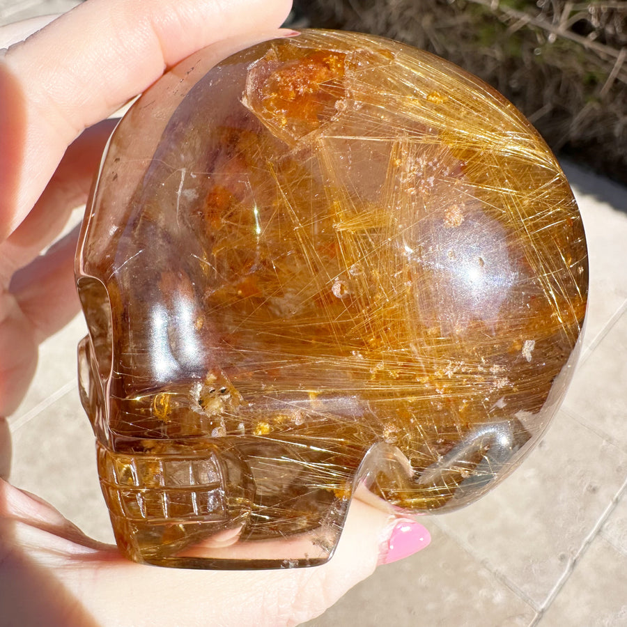 Golden Rutile Citrine with Lodolite Magical Child Crystal Skull Carved by Leandro de Souza