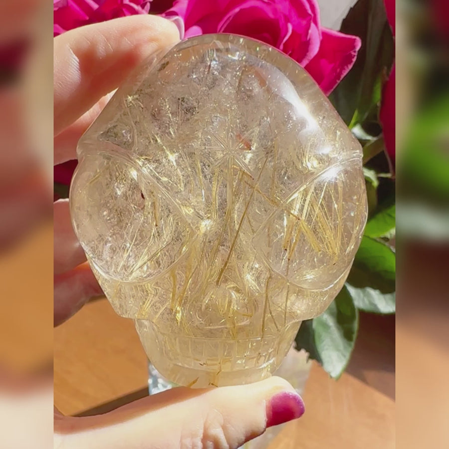 Golden Rutile Citrine Starbeing Palm Crystal Skull With Rainbows Carved by Leandro de Souza