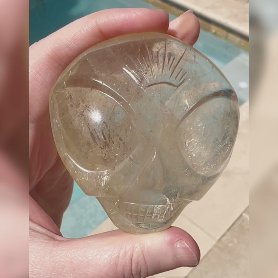 Golden Rutile Citrine Quartz Star Child With Rainbows Palm Crystal Skull Carved by Leandro de Souza