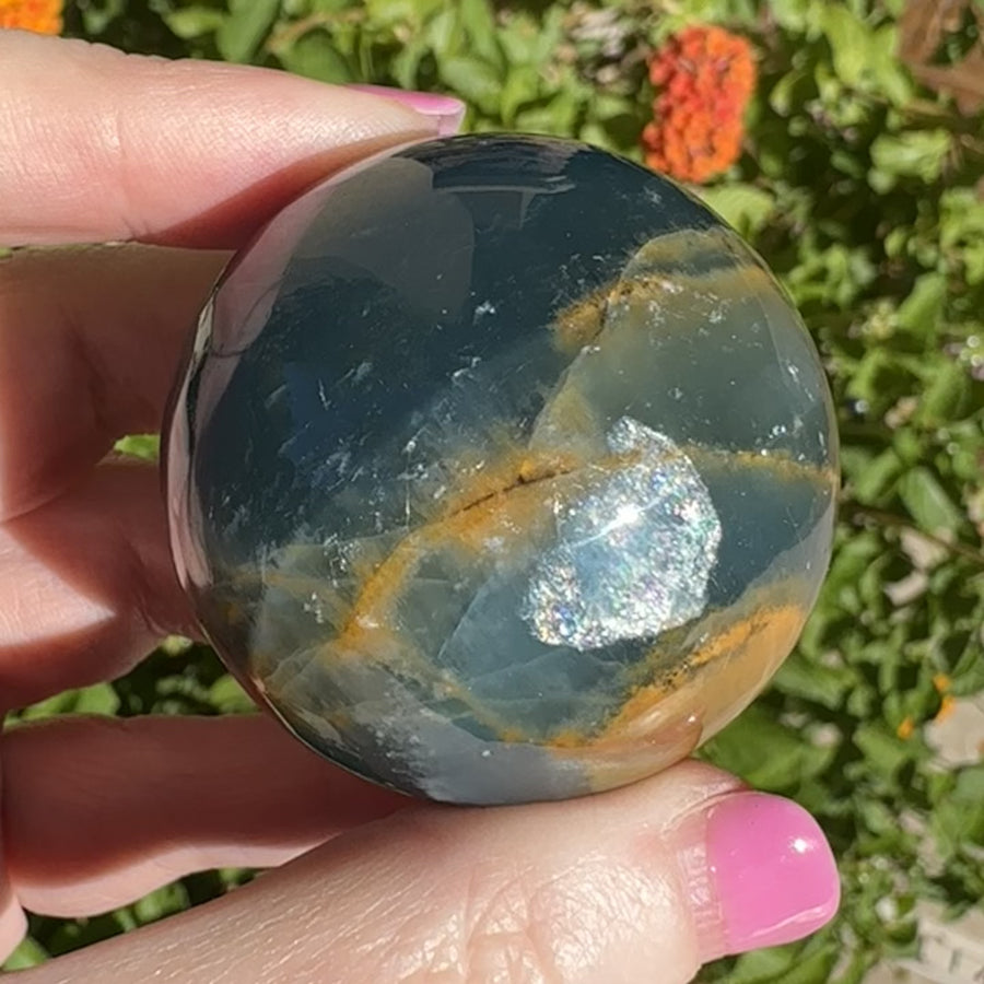 High Grade Lemurian Aquatine Calcite Crystal Sphere with Rainbow