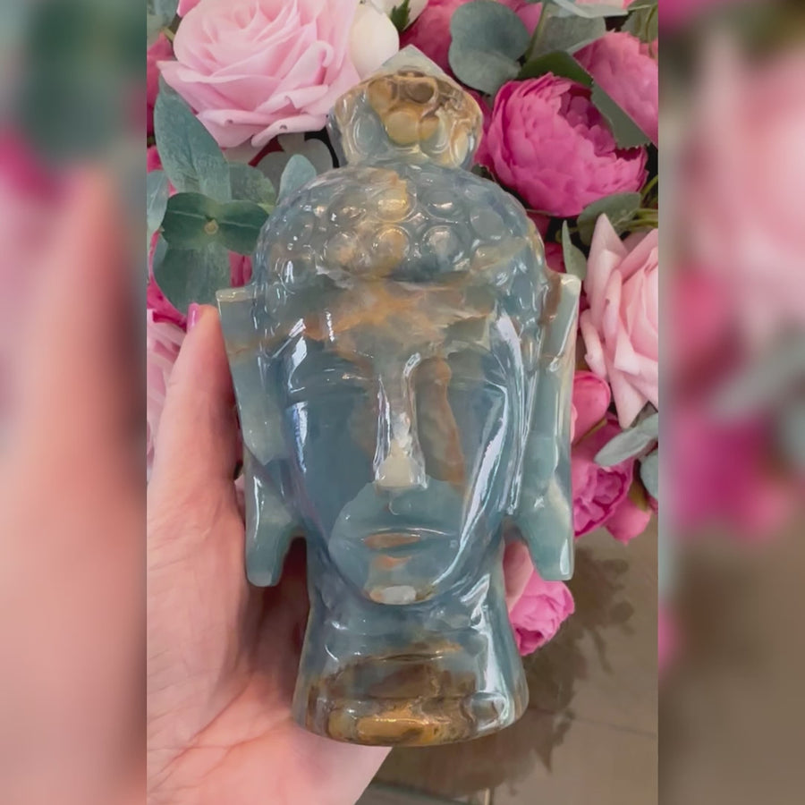 Lemurian Aquatine Crystal Buddha Head