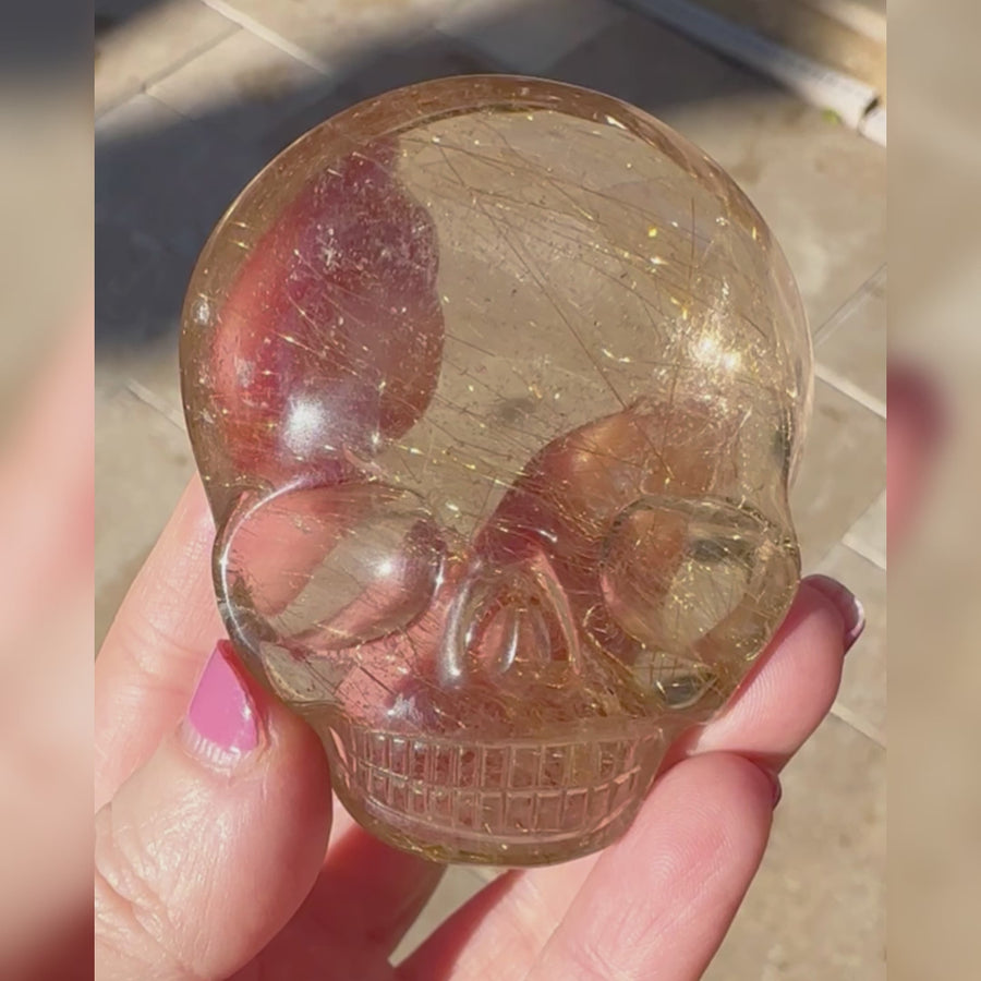 Golden Rutile Citrine Palm Crystal Skull Carved by Leandro de Souza