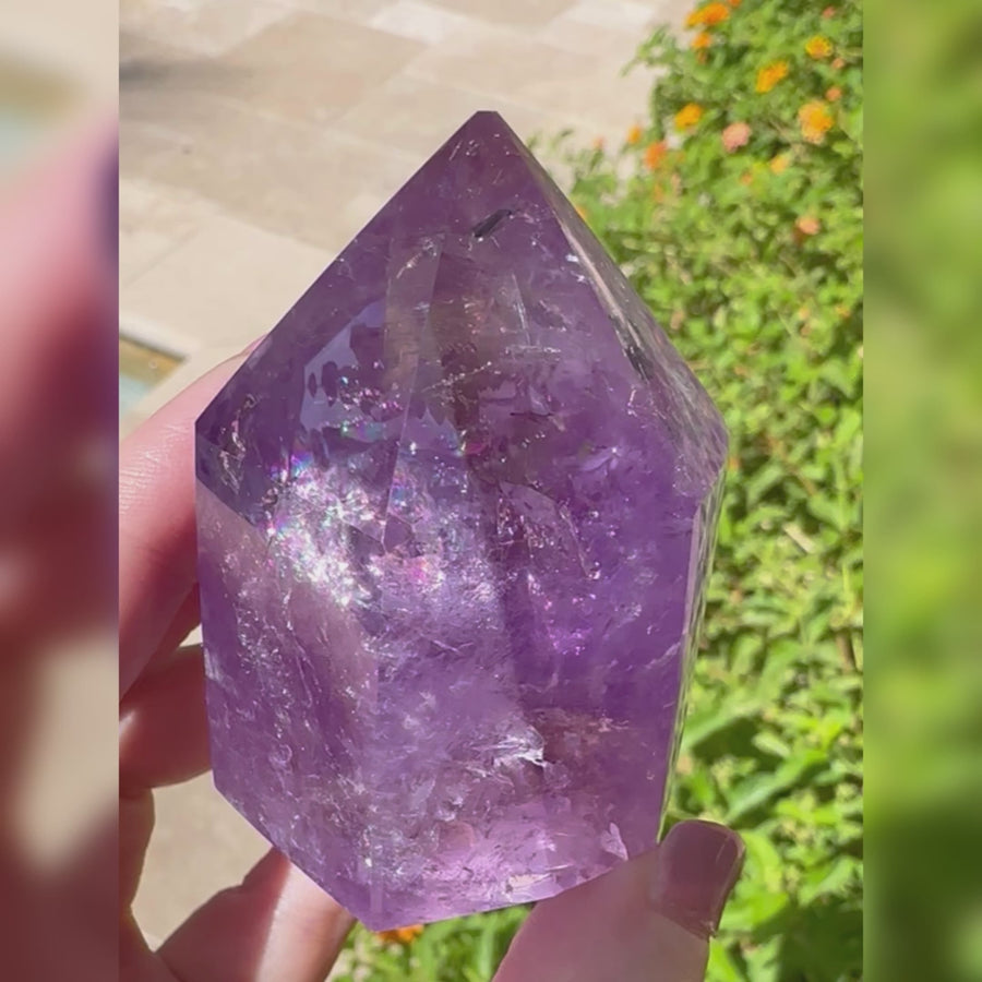 Polished Amethyst Generator Tower with Rainbows
