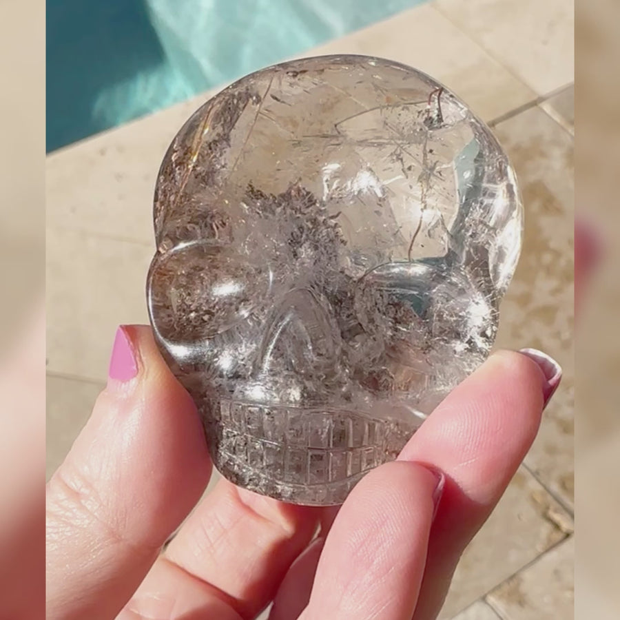 Golden Rutile and Lodolite Quartz Palm Crystal Skull Carved by Leandro de Souza