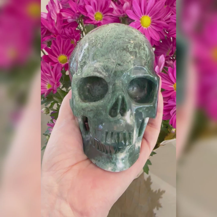 Green Moss Agate Crystal Skull