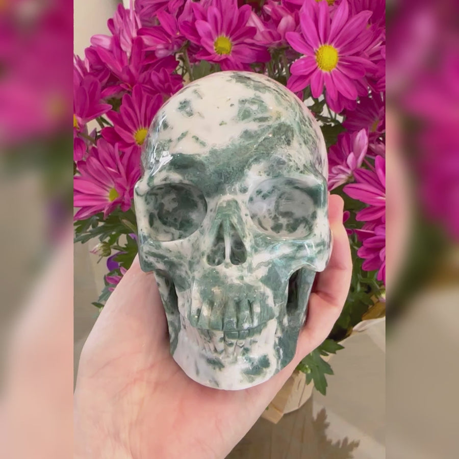 Green Moss Agate Crystal Skull