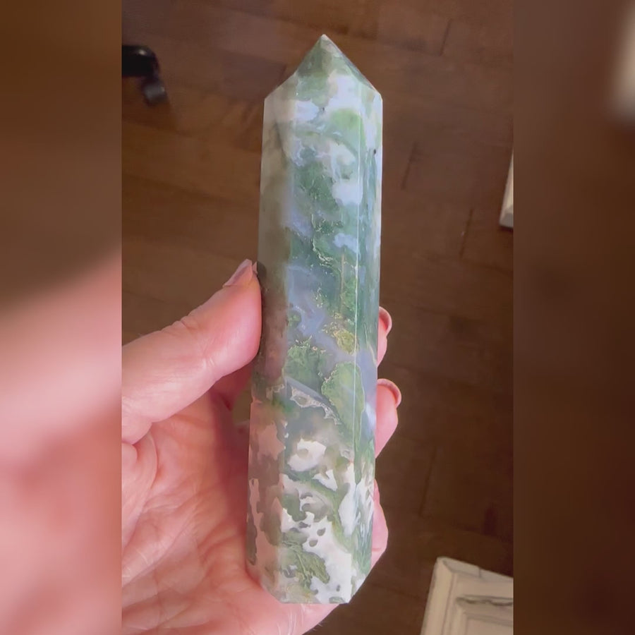 Green Moss Agate Crystal Generator Tower