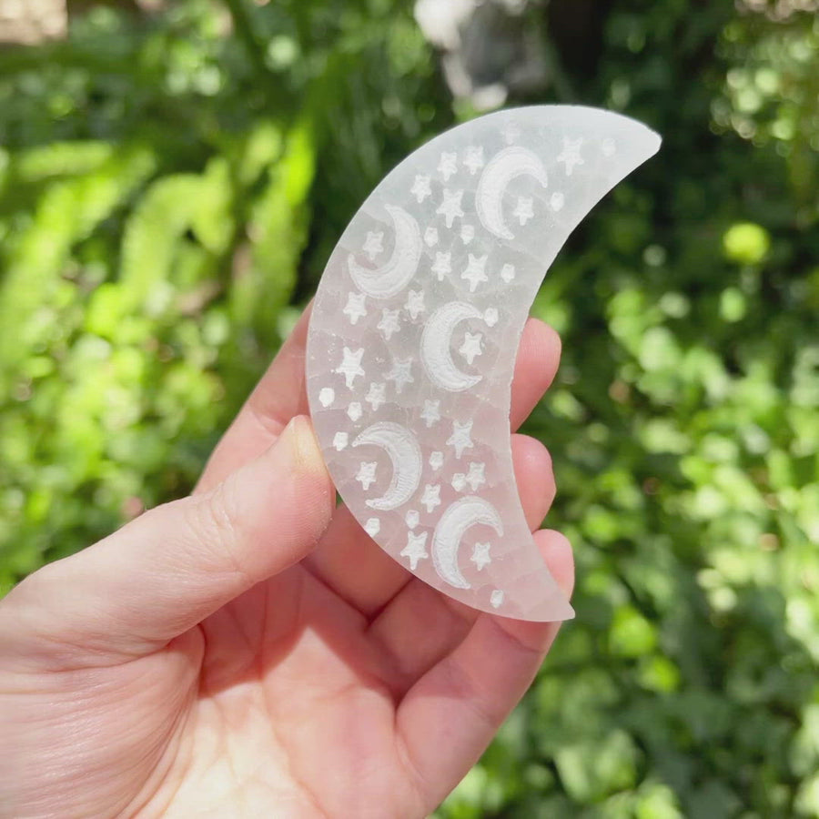 Selenite Moon with Etched Stars