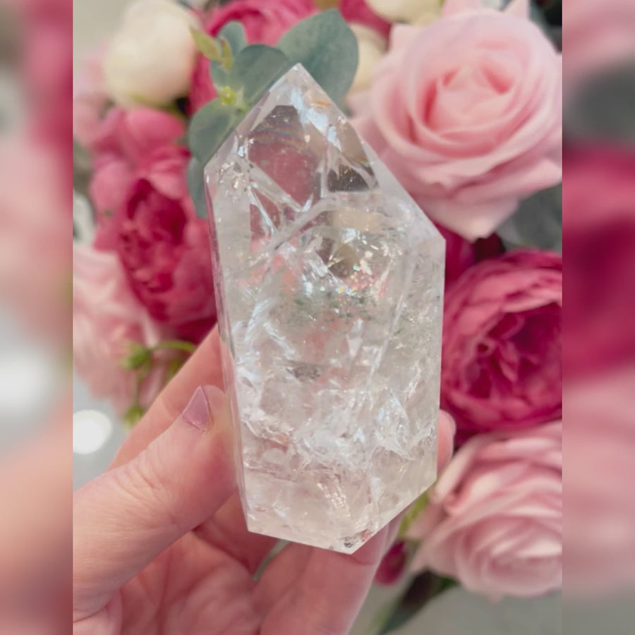 Chlorite Crackle Quartz Tower with Rainbows