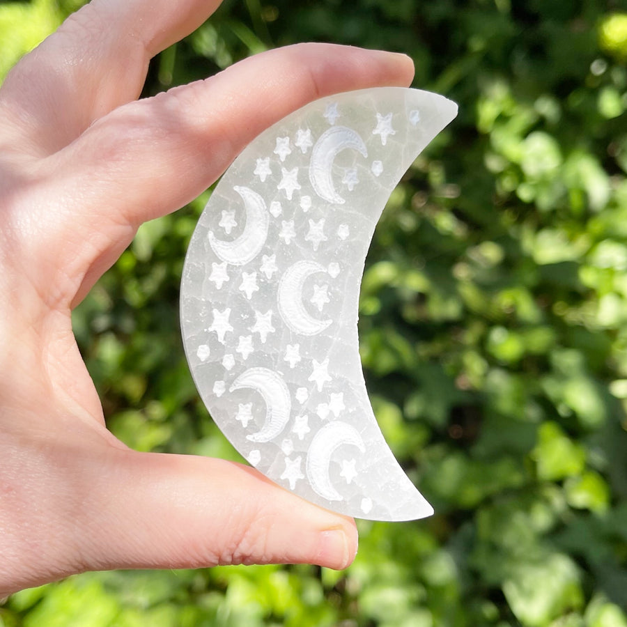 Selenite Moon with Etched Stars