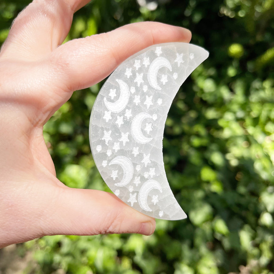 Selenite Moon with Etched Stars