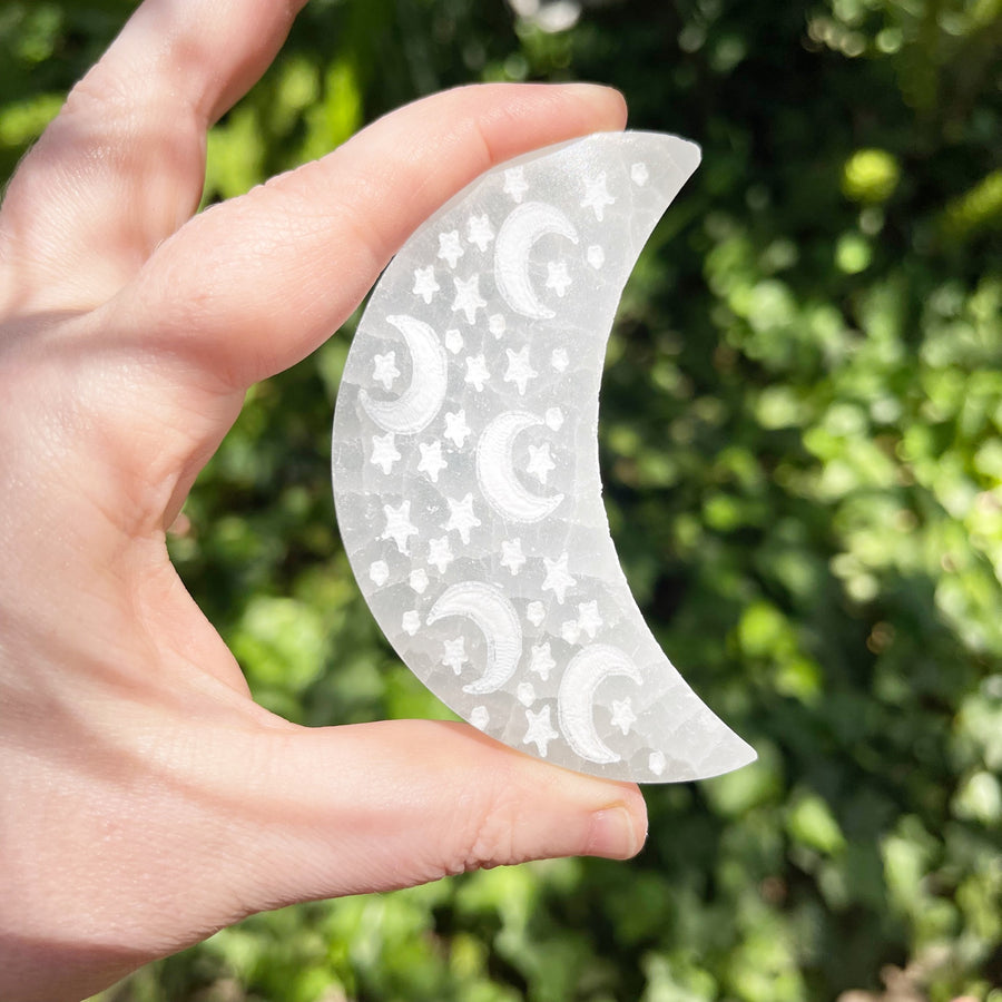 Selenite Moon with Etched Stars