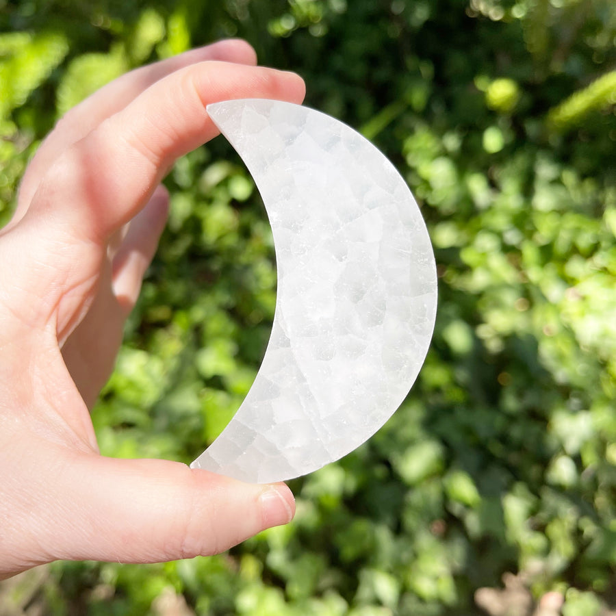 Selenite Moon with Etched Stars