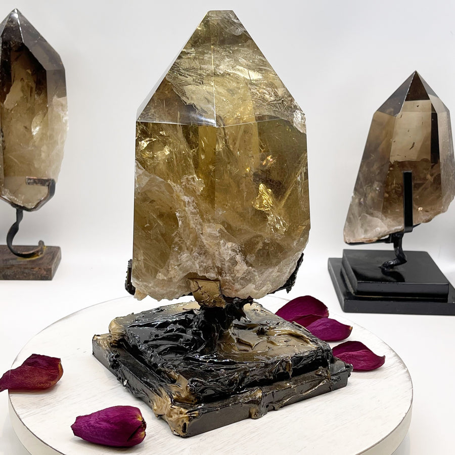 Natural Citrine Crystal Point on Metal Stand