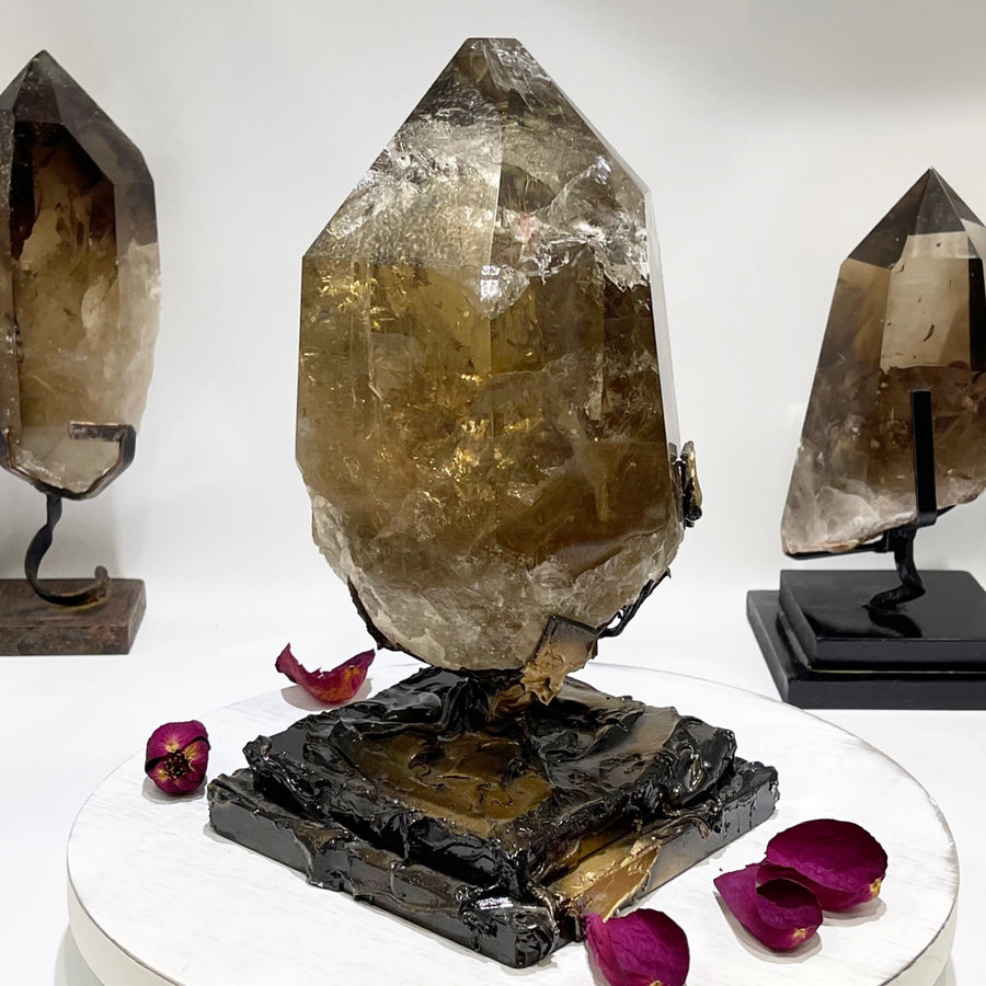 Natural Citrine Crystal Point on Metal Stand