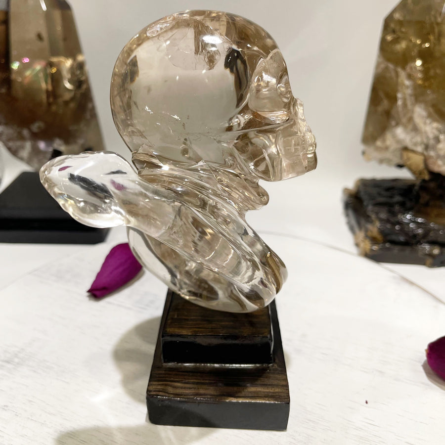 Ultra Clear Light Citrine Crystal Skull with Snake Carved by Wilson Venturini