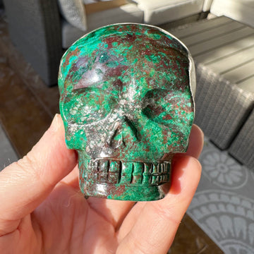 Chrysocolla and Malachite Magical Child Crystal Skull Carved by Leandro de Souza