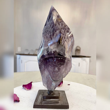 Amethyst Elestial Flame Sculpture on Custom Metal Stand Carved by Wilson Venturini