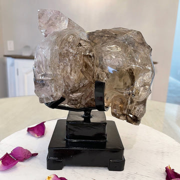 Smoky Elestial Double Crystal Skull on Custom Metal Stand Carved by Wilson Venturini