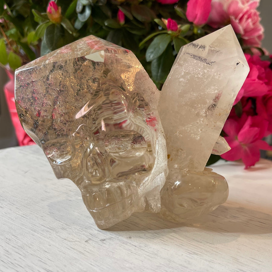 Rutile Lodolite Citrine Crystal Skull with Natural Point Carved by Leandro de Souza