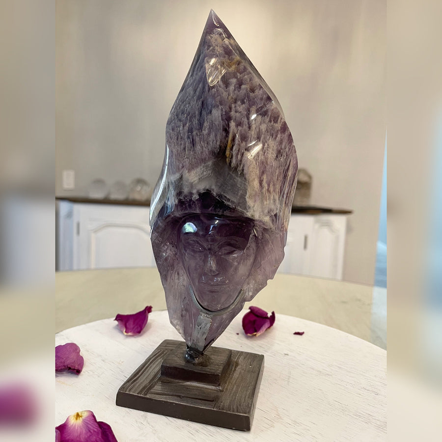 Amethyst Elestial Flame Sculpture on Custom Metal Stand Carved by Wilson Venturini