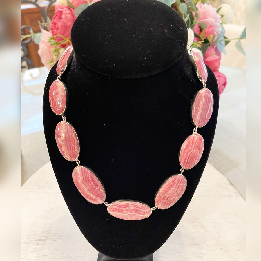Stunning Rhodochrosite Gemstone Necklace with Sterling Silver