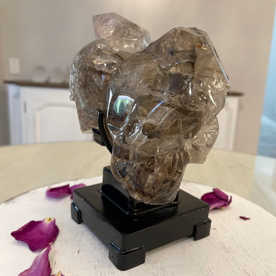 Smoky Elestial Double Crystal Skull on Custom Metal Stand Carved by Wilson Venturini