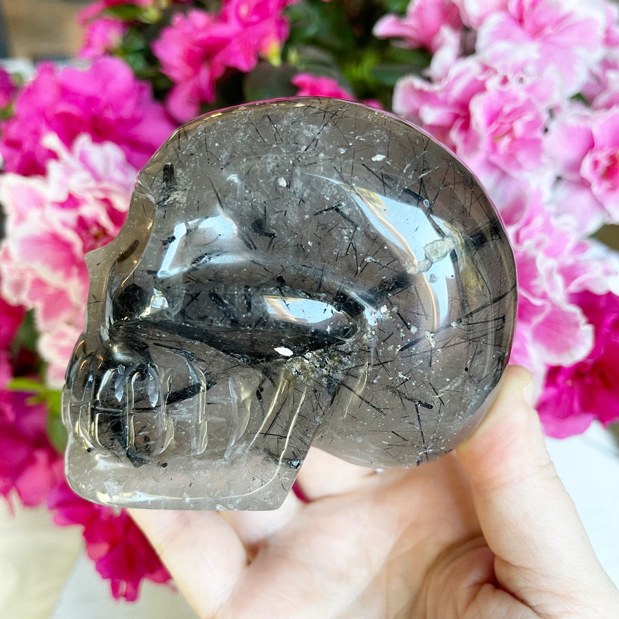 Tourmaline Rutile Quartz Crystal Skull from Brazil