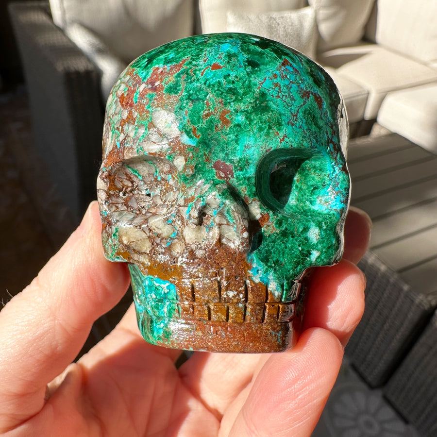 Chrysocolla and Malachite Magical Child Crystal Skull Carved by Leandro de Souza