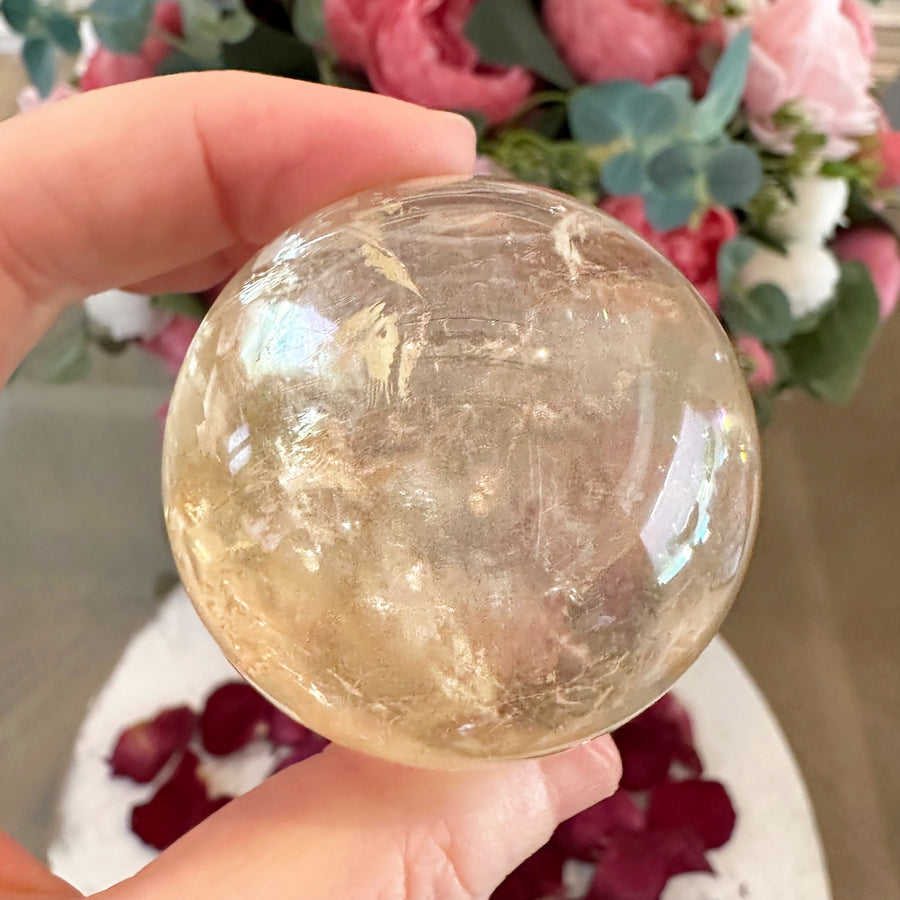 Golden Calcite Crystal Sphere with Rainbows