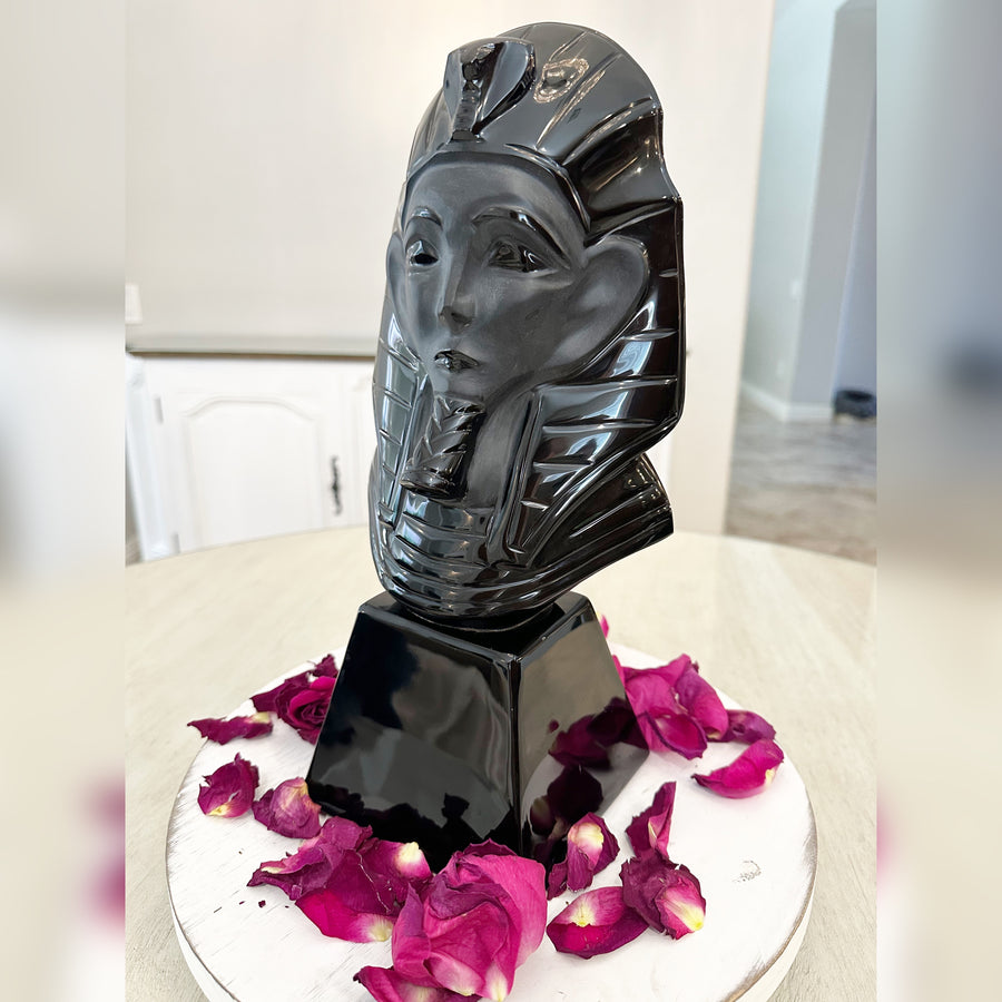 Huge Black Obsidian Ancient Egyptian Pharaoh King Tut Crystal Carving