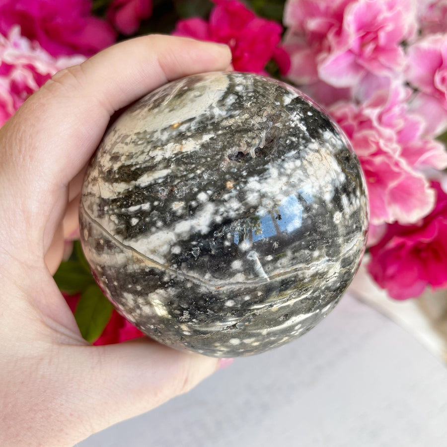 Large Ocean Jasper Crystal Sphere with Druzy Pockets