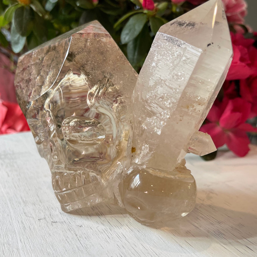 Rutile Lodolite Citrine Crystal Skull with Natural Point Carved by Leandro de Souza