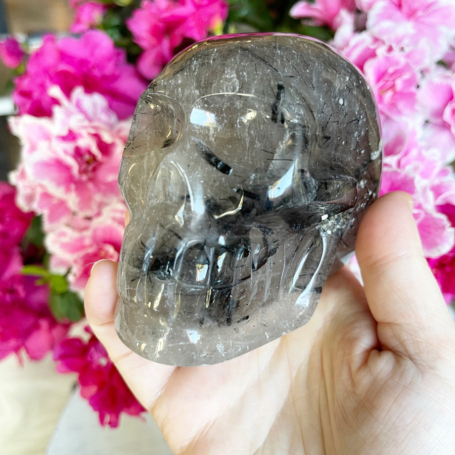 Tourmaline Rutile Quartz Crystal Skull from Brazil