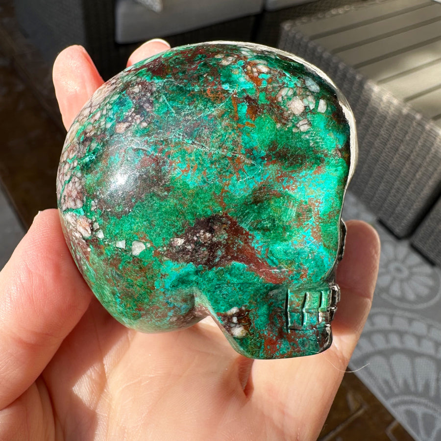 Chrysocolla and Malachite Magical Child Crystal Skull Carved by Leandro de Souza