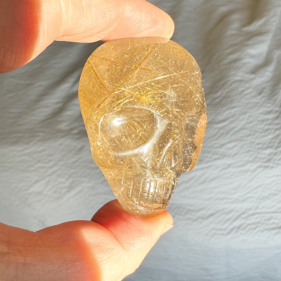 Rutile Quartz Palm Crystal Skull Carved by Leandro de Souza