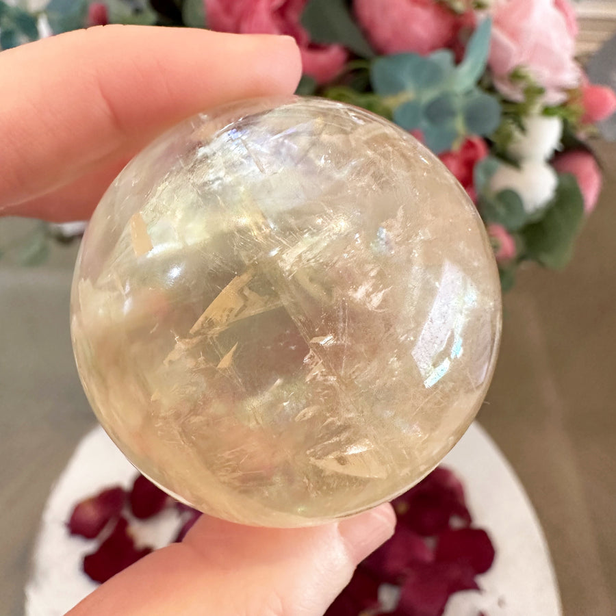Golden Calcite Crystal Sphere with Rainbows